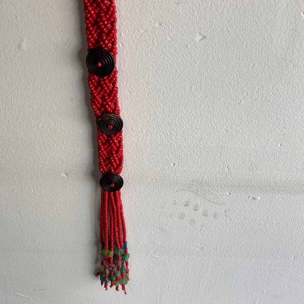 Coral Red Braided Beaded Red Rope Belt